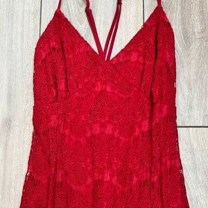 Dark red crisscross back lace maxi dress in size small